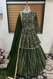 Dark Green Short Kurti With Embroidery Work Lehenga