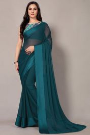 Plain Peacock Blue Georgette Saree