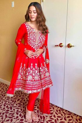 Actress Hina Khan Wear Red Pant Style Salwar Suit