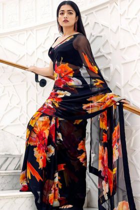 Actress Rashmika Mandana Wear Black Saree