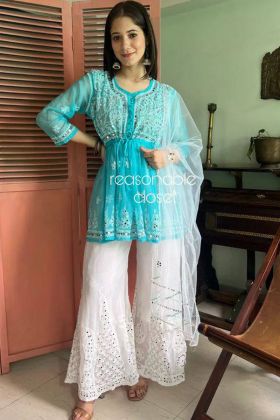 Baby Blue Heavy Georgette Real Mirror Work Palazzo Suit
