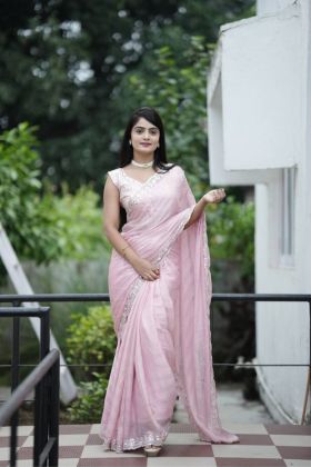 Zari Line Weaving Baby Pink Soft Chiffon Saree