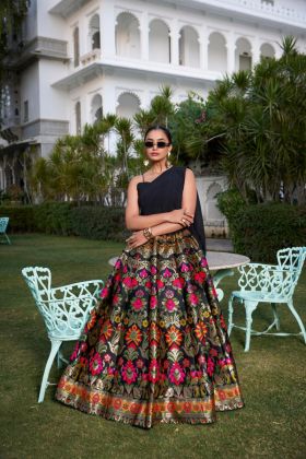 Lehenga in Black Zari Woven Banarasi Silk with a Stylish Plain Blouse Georgette
