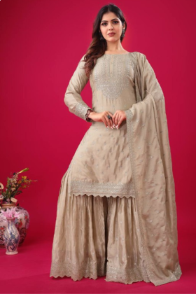 Beige Heavy Chinon Silk Sharara Dupatta Set Embroidered