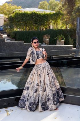 Tussar Silk Lehenga Set in Beige with Koti Jacket and Blouse with Floral Print