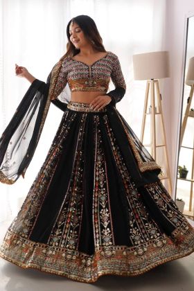 Black Color Festival Wear Embroidery Sequnce Foux Gorgette Lehenga Choli