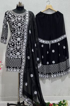 Black Embroidery Work Sharara Salwar Suit