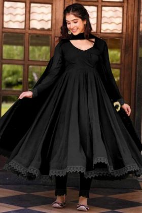 Black Faux Georgette Plain Anarkali Style Long Gown