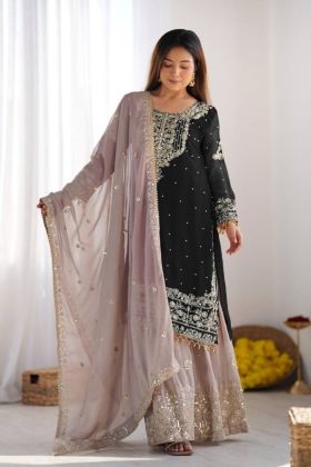Heavy Black Faux Suit Set with Georgette Sharara Dupatta