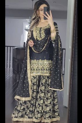 Black Rivet Moti Embroidery Work Sharara Salwar Suit