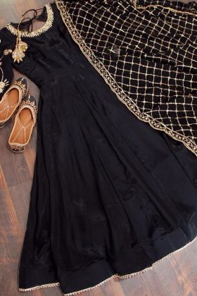 Black Velvet Anarkali Gown With Embroidery Work Dupatta