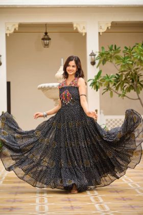 Gamathi Work with a Real Mirror on a Black Bandhani Georgette Gown