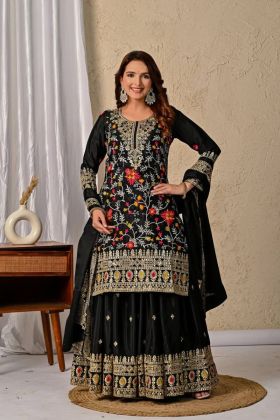 Kurta Sharara Set in Black Chinnon Silk with Embroidered Dupatta