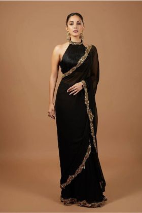 Elegant Black Georgette Saree with a Border of Sequins, Zari, and Dori
