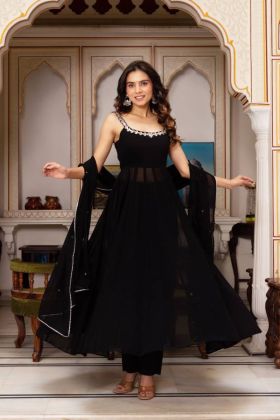 Plazo with Dupatta Embroidered Black Faux Georgette Kurti Set