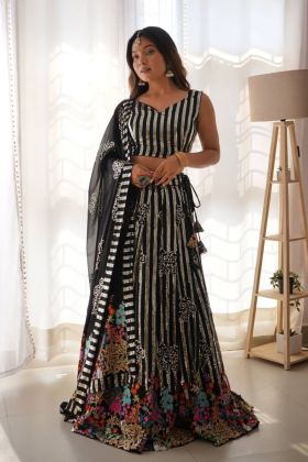 Embroidered Black Choli Dupatta Set with Faux Georgette Lehenga