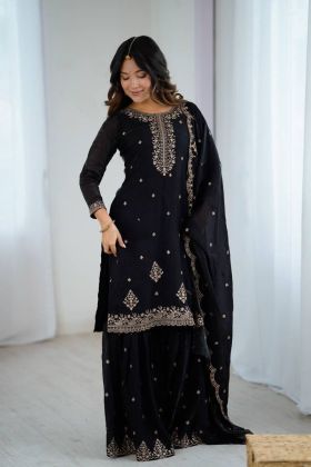 Embroidered Sharara Kurta Dupatta Set in Black Pure Crunchy Silk
