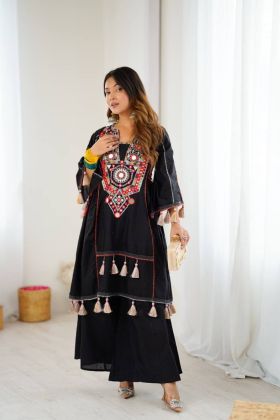 Co-ord Black Pure Khadi Cotton Set with Mirror Embroidery