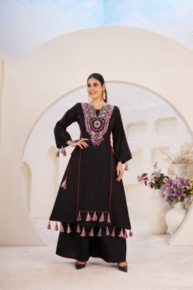 Black Rayon Kurti Plazo Cord Set with Raal Mirror Work and Thread