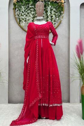 Blood Red Thread Work Slit Cut Anarkali Salwar Suit