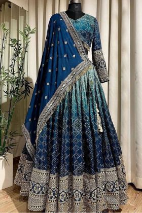 Blue Chinon Silk Embroidery Work Lehenga Choli