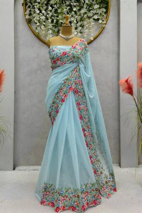 Blue Color Wedding Wear Tibby Silk Pearl Work Fancy Saree