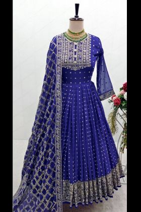 Blue Embroidery Work Anarkali Gown