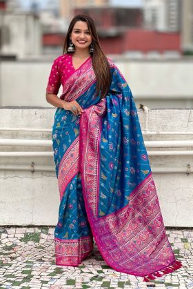 Zari Woven Blue Pure Patola Premium Silk Saree.