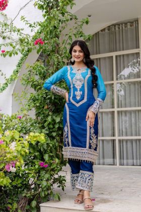 Georgette Padding Kurta Pant Dupatta Set in Blue Star