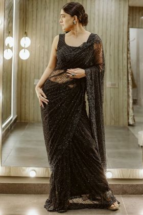 Bollywood Actress Wear Black Net Saree