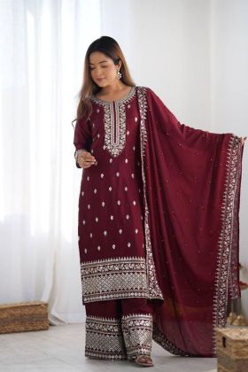 Brown Plazo Dupatta Suit Set with Chinnon Silk Kurta