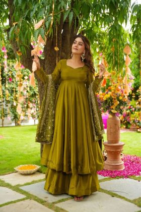 Anarkali suit set in chiffon with embroidered palazzo and dupatta