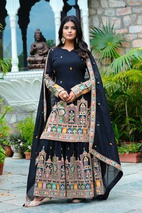 Kurta Plazzo Dupatta Set in Black Pure Chinnon Silk with Heavy Embroidery