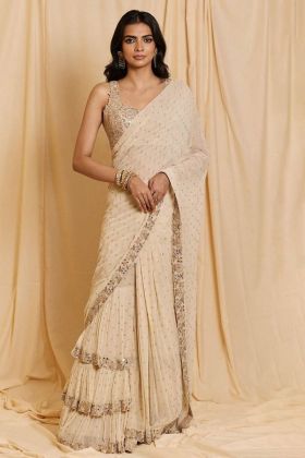Cream Real Mirror Embroidery Work Party Wear Ruffle Saree