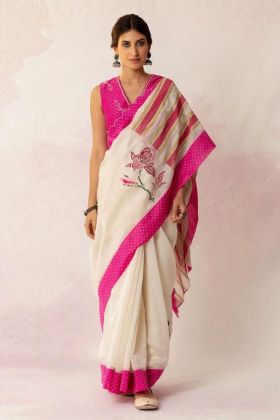 Saree made of cream and pink linen with a cutwork border