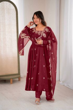 Crispy Silk Anarkali Gown Set with Sequins and Embroidery