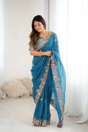 Crispy Silk Saree with Detailed Sequins and Embroidery