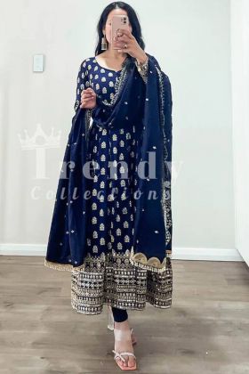 Dark Blue Faux Georgette Sequence Work Long Gown