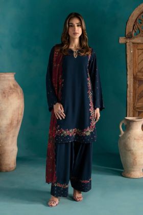 Dark Blue Plazo Kurta Dupatta Suit Set Made of Pure Natural Crep Silk