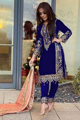 Dark Blue Viscose Velvet Embroidery Work Straight Dress