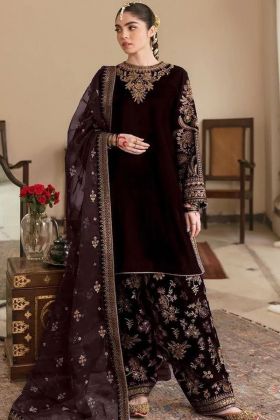 Dark Brown Viscose Velvet Straight Salwar Suit
