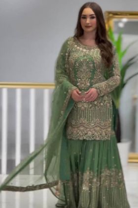 Dark Fern Green Multi Needle Work Sharara Salwar Suit