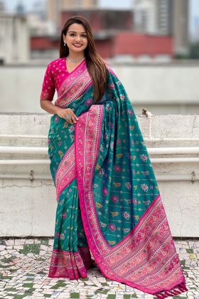 Zari-woven dark green saree made of premium silk and pure patola.