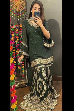 Dark Green Chain Stitch Work Georgette Sharara Salwar Kameez