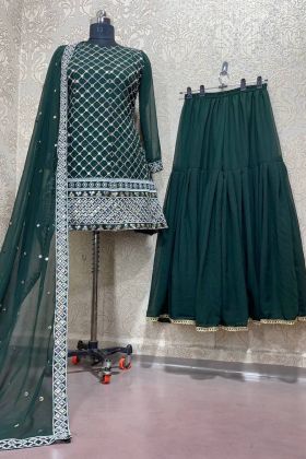 Dark Green Heavy Georgette Paper Mirror Work Sharara Salwar Kameez