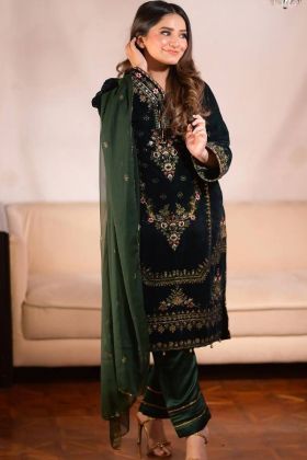 Dark Green Viscose Velvet Salwar Suit For Ramzan Eid