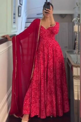 Dark Pink Digital Printed Readymade Gown For Rakhi