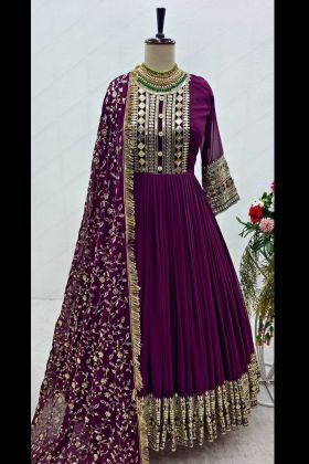Dark Purple Embroidery Work Anarkali Gown