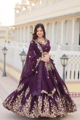 Dark Purple Faux Georgette Lehanga Choli Dupatta Set