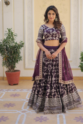 Dark Purple Viscose Jacquard Lehanga Choli Dupatta Set